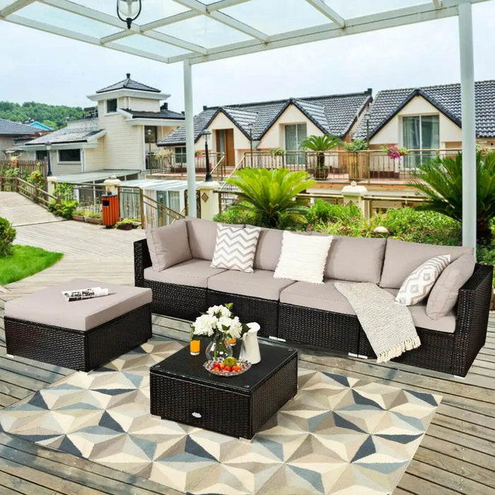 6PCS Outdoor Patio Rattan Furniture Set Cushioned Sectional Sofa Ottoman HW63878+