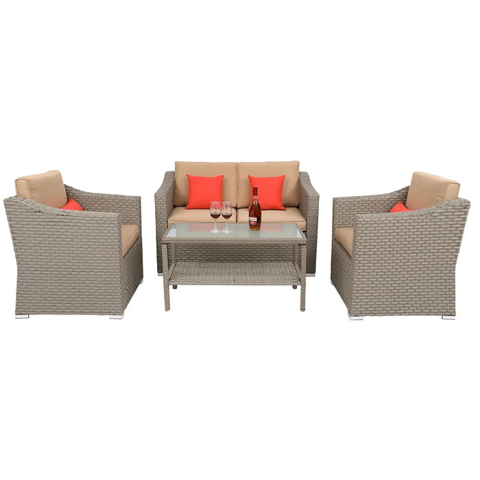 Wide Rattan Double Contiguous Rattan Four-Piece Suit 1 Double 2 Single 1 Double Coffee Table Gray  Patio Furniture Set