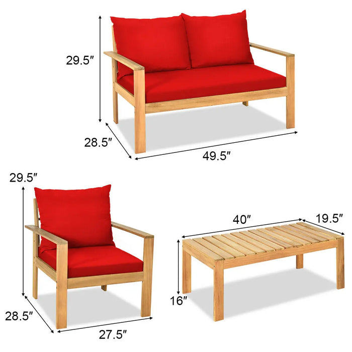 4PCS Patio Furniture Set Acacia Wood Thick Cushion Loveseat Sofa Red  HW64146RE+
