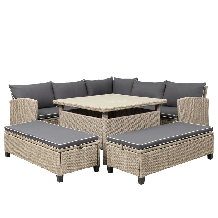 6-Piece Patio Furniture Set Outdoor Wicker Rattan Sectional Sofa with Table and Benches for Backyard Garden Poolside[US-Stock]