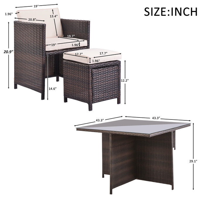 9 Piece Outdoor Furniture Rattan Conversation Set with Cushions Patio Rattan Dining Set 1 Table+4 Chairs+4 Ottomans[US-Stock]