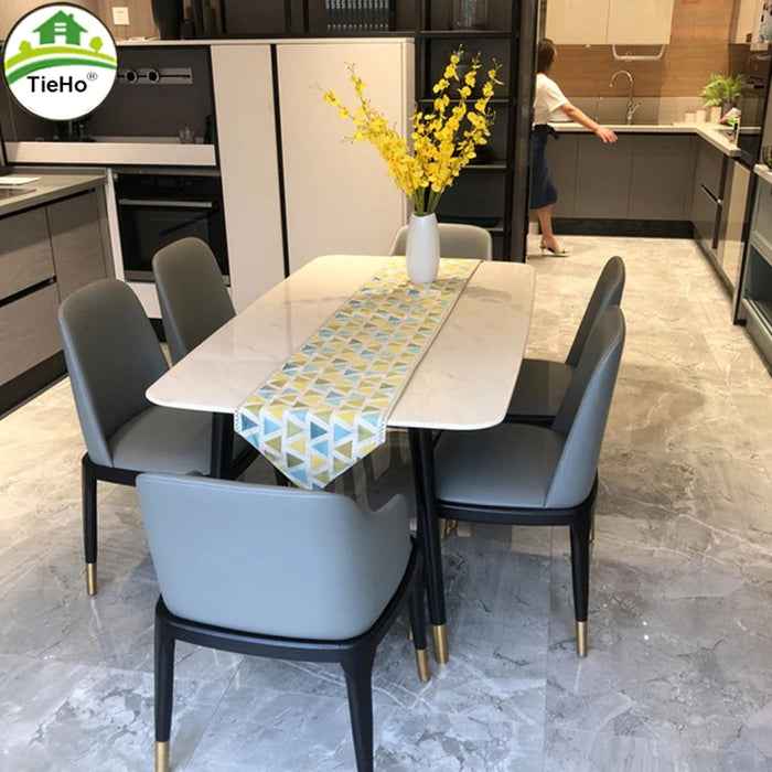 TieHo Rock Board Marble Dining Table Chair Set Kitchen Furniture 120cm Dining Table with 6 Chairs Solid Wood Frame