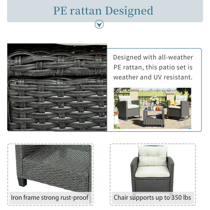 Outdoor Patio Rattan Wicker Rocking Furniture 3Pcs Set w/ Cushion 2 Rocking Chair Sofa+1 Tea Table for Garden Backyard[US-W]