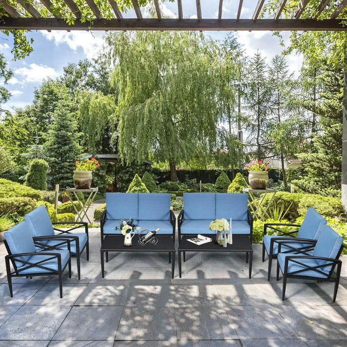 8PCS Patio Furniture Set Aluminum Frame Cushioned Sofa Chair Coffee Table Blue 2*HW65783+