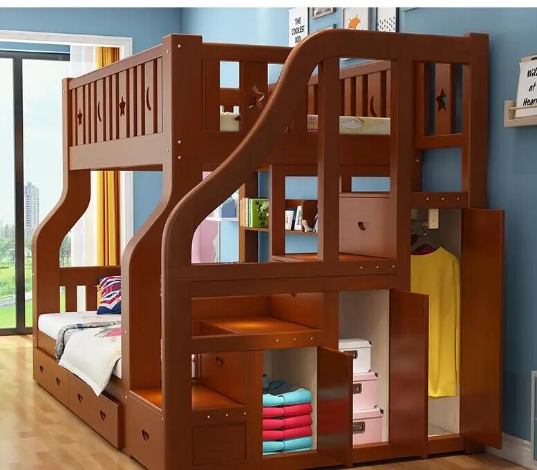 Solid wood wardrobe bunk bed double bunk bed multi-purpose adult size mother bed children bunk bed