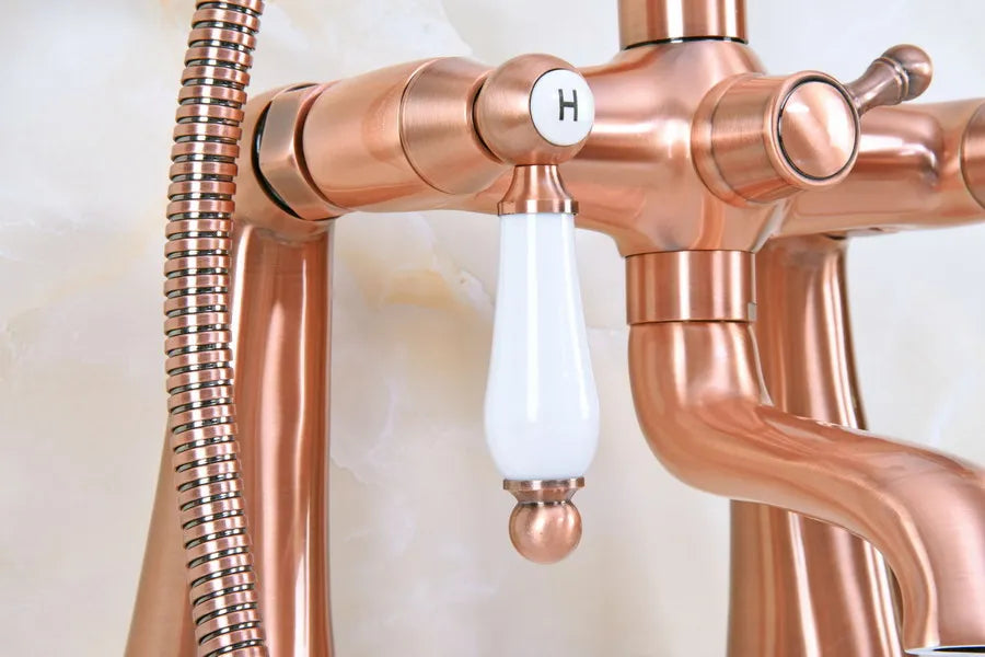 Deck Mounted Bath Tub Faucet Antique Red Copper Bathtub Faucets with Hand Shower Dual Handle Mixer Tap zna173
