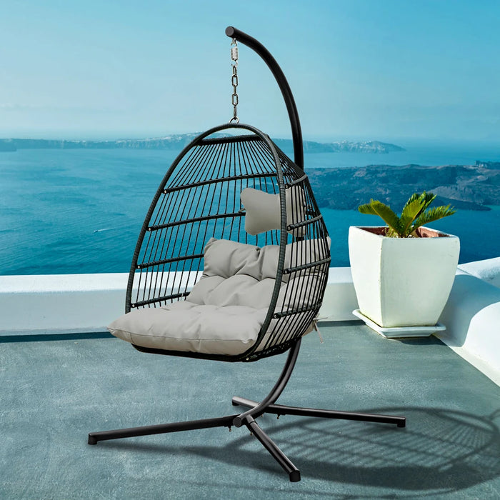 Egg Chair Swing with Stand Rattan Effect Four Corners Single Hanging for Patio Deck Garden Yard Backyard Porch U.S. Stock