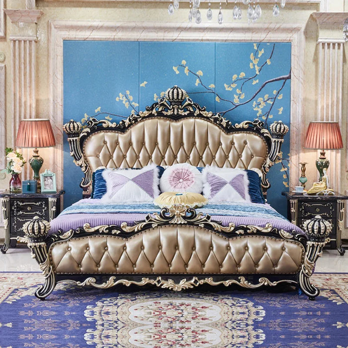Luxurious European bedroom furniture Crown solid wood bed ebony double bed princess bed