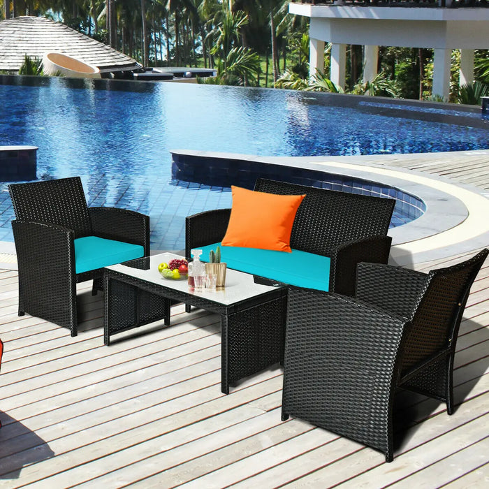8PCS Patio Rattan Furniture Conversation Set Cushion Sofa Table Garden Turquoise  2*HW63239TU