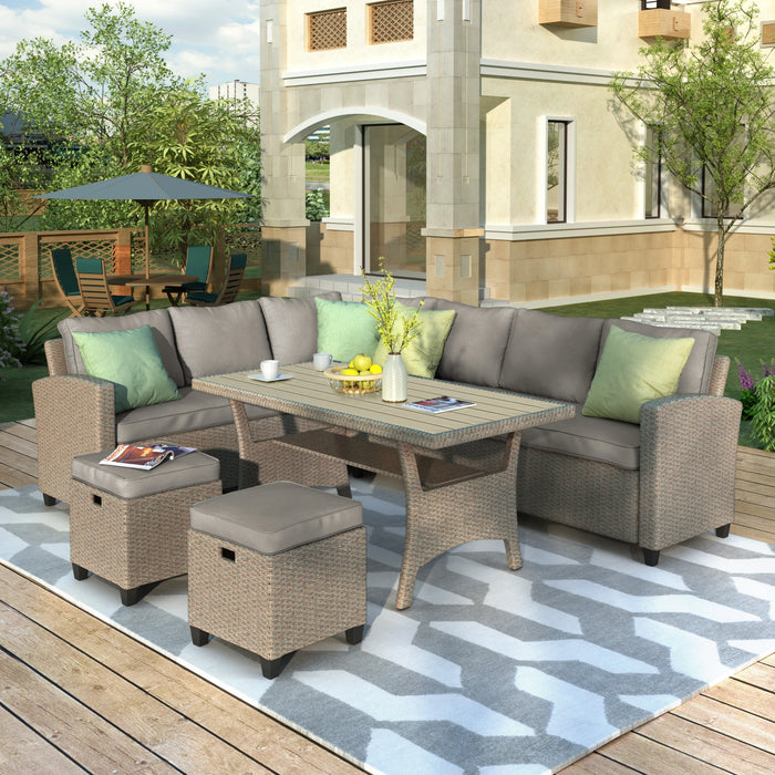 5 Pcs Outdoor Conversation Set Patio Furniture Set All Weather Wicker Sectional Couch Sofa Dining Table Chair w/ Ottoman&Pillow