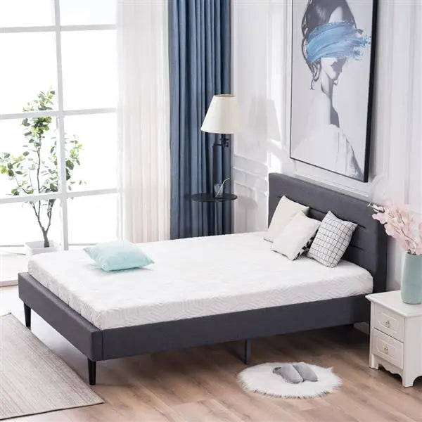 Bed Frame Linen Soft Pack Bed Right Angle Horizontal Line Decorative Bed Dark Gray Queen Easy to Assemble Stylish and Modern