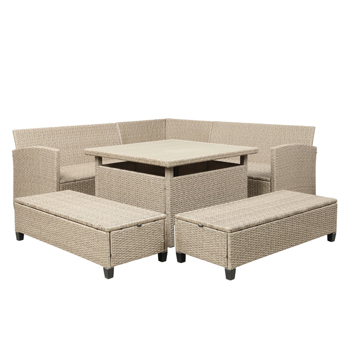 6-Piece Patio Furniture Set Outdoor Wicker Rattan Sectional Sofa with Table and Benches for Backyard Garden Poolside[US-Stock]