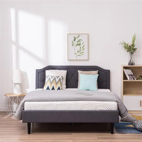 Wood Bed Frame Upholstered Bed with Diamond Buckle Decoration, Linen Dark Gray Queen Bed Easy to Assemble Stylish and Modern