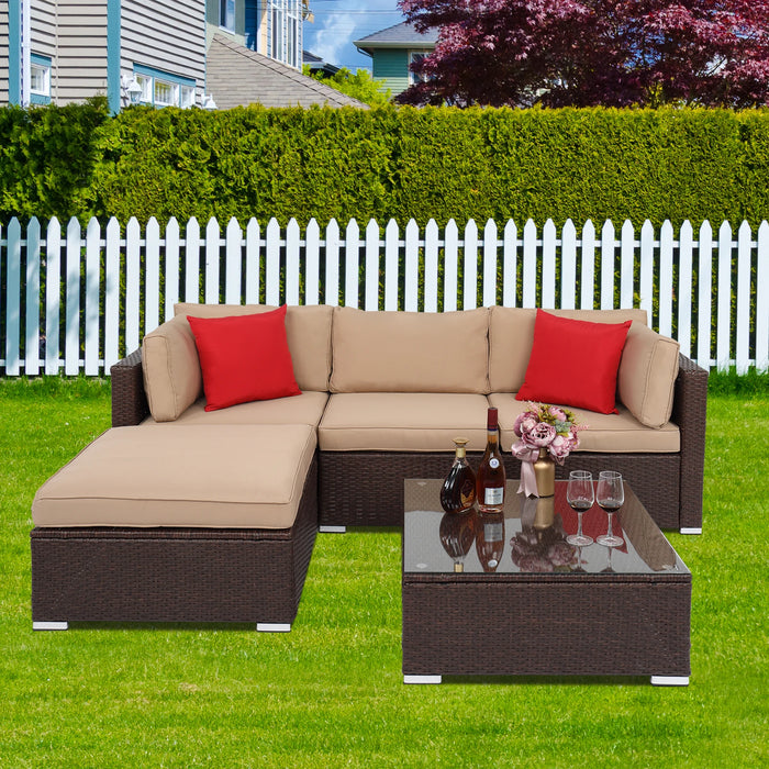 5Pcs Outdoor Patio Furniture Set Rattan Wood Grain 2 Corners 1 Armless Sofa 1 Foot Drag 1 Square Coffee Table Brown[US-Stock]