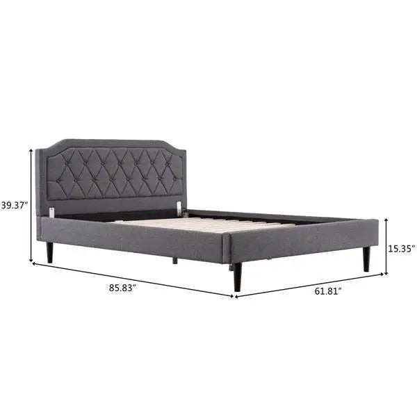 Wood Bed Frame Upholstered Bed with Diamond Buckle Decoration, Linen Dark Gray Queen Bed Easy to Assemble Stylish and Modern