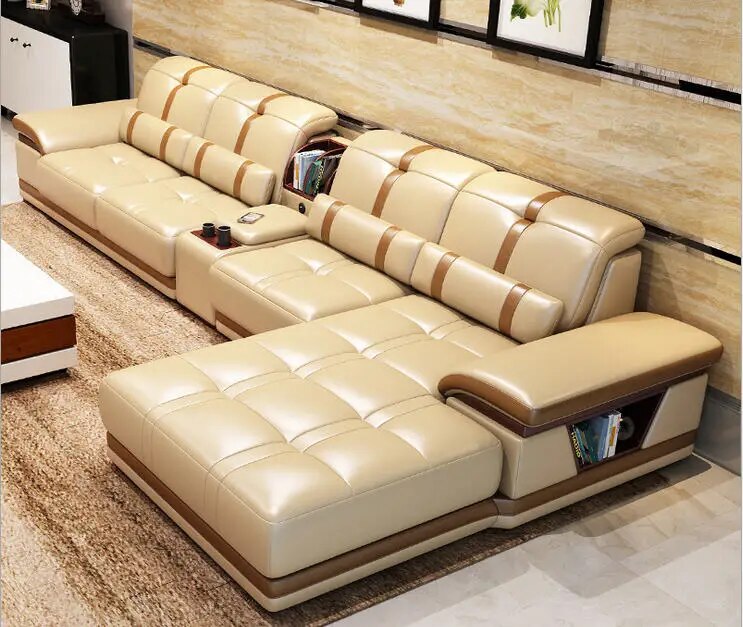 Living Room Sofa set furniture real genuine cow leather sofas bluetooth puff asiento muebles de sala canape L shape sofa cama