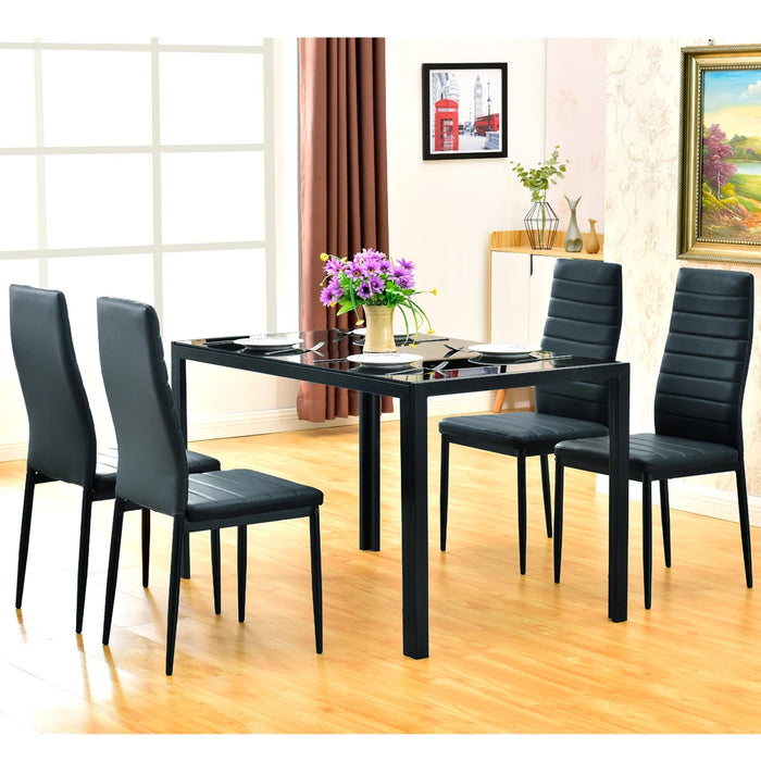 Dinning Table Set  Tempered Glass & Iron Dinning Table 4pcs Elegant Assembled Stripping Texture High Backrest Dining Chairs