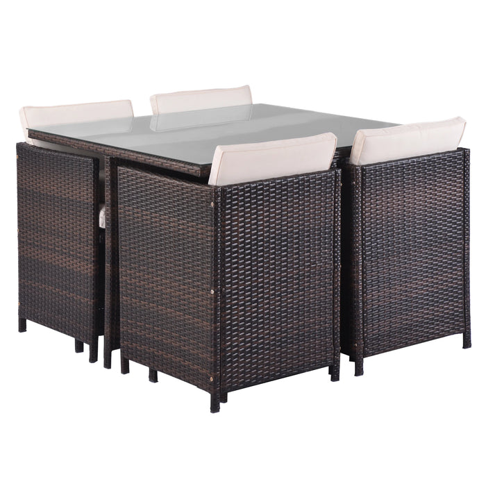 9 Piece Outdoor Furniture Rattan Conversation Set with Cushions Patio Rattan Dining Set 1 Table+4 Chairs+4 Ottomans[US-Stock]