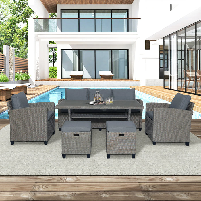6-Pcs Outdoor Rattan Wicker Furniture Set 1 3 Seat Sofa+2 Single Sofa Chair+2 Stools+1 Table for Patio Garden Backyard[US-Stock]