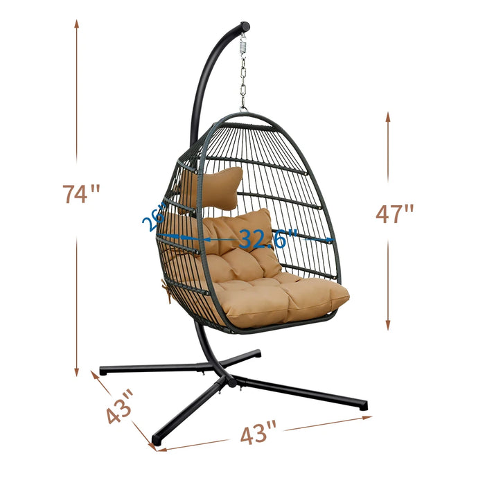 Egg Chair Swing with Stand Rattan Effect Four Corners Single Hanging for Patio Deck Garden Yard Backyard Porch U.S. Stock