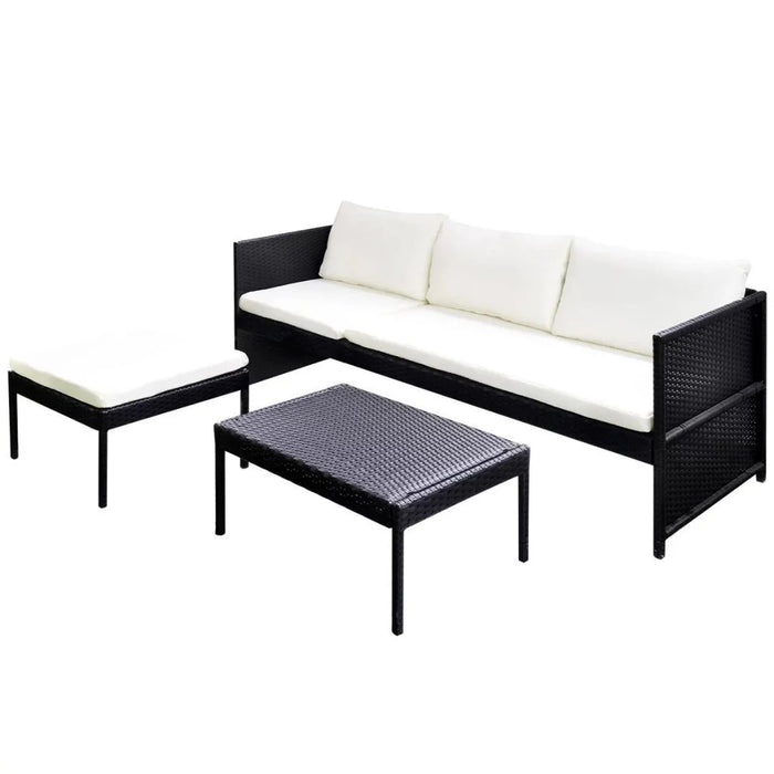 3pcs Outdoor Patio Garden Lounge Set Black Poly Rattan Wicker with Coffee Table&White Sofa Cushioned[US-Stock]