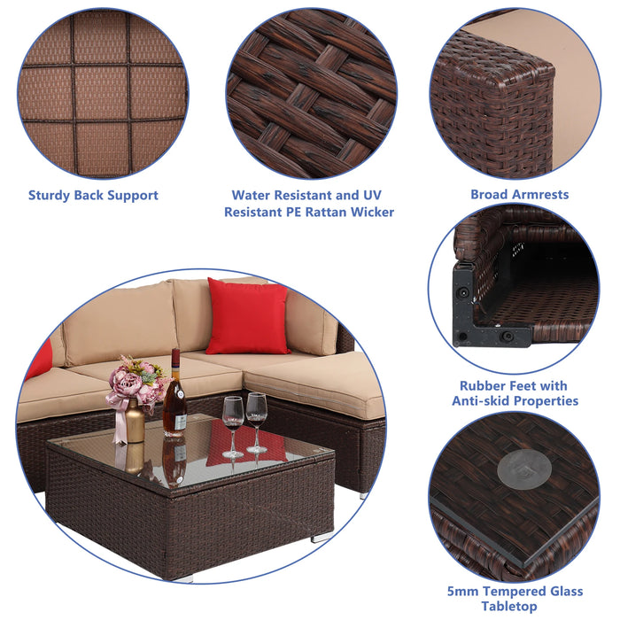 5Pcs Outdoor Patio Furniture Set Rattan Wood Grain 2 Corners 1 Armless Sofa 1 Foot Drag 1 Square Coffee Table Brown[US-Stock]