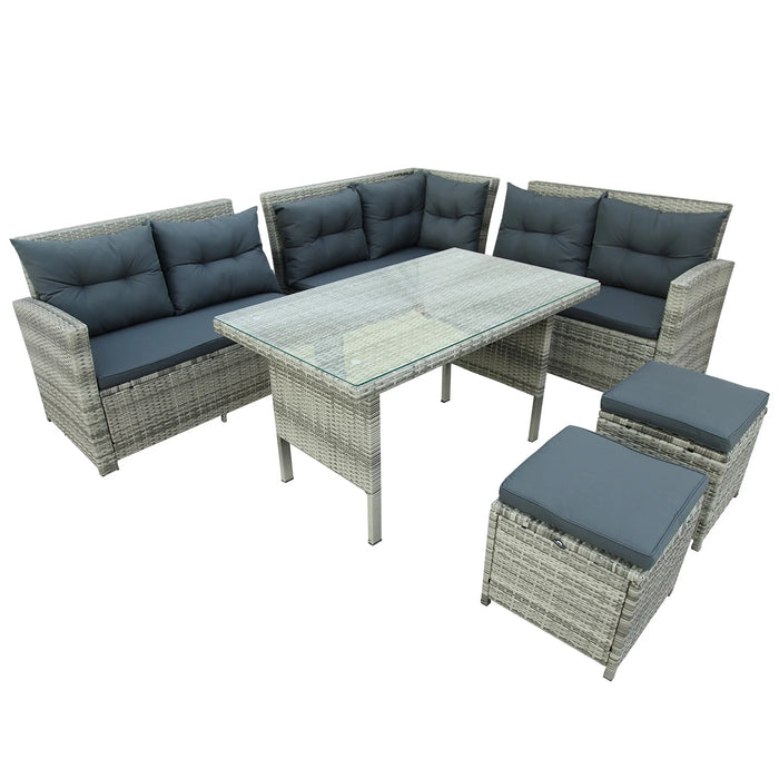 6-Piece Patio Furniture Set Outdoor Sectional Sofa with Glass Table Ottomans for Pool Backyard Lawn Gray/Black[US-Stock]