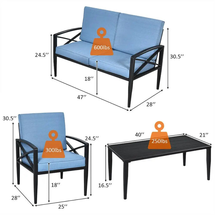 8PCS Patio Furniture Set Aluminum Frame Cushioned Sofa Chair Coffee Table Blue 2*HW65783+