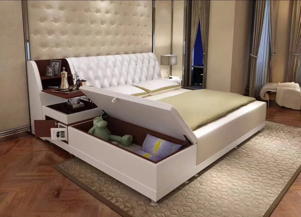 post modern real genuine leather bed / soft bed/double bed king/queen size bedroom home furniture with storage box and sideboard