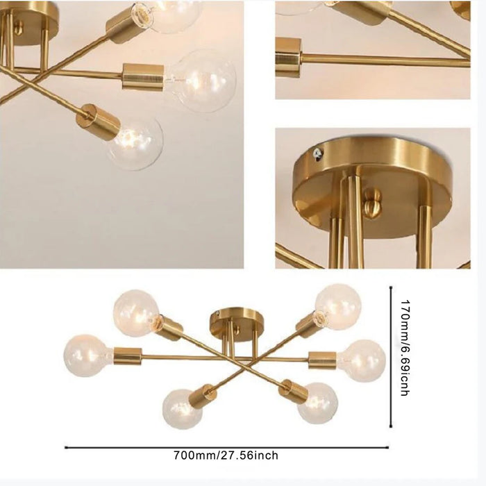 Modern Chandelier Sputnik Lamps Semi Flush Mount Ceiling Light Nordic Brushed antique Gold Lighting 6 Lights for Dining Room