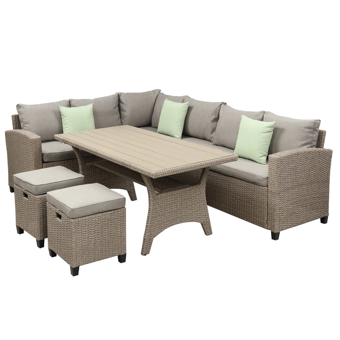 5 Pcs Outdoor Conversation Set Patio Furniture Set All Weather Wicker Sectional Couch Sofa Dining Table Chair w/ Ottoman&Pillow