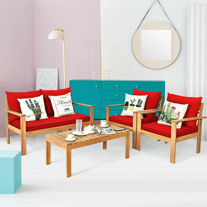 4PCS Patio Furniture Set Acacia Wood Thick Cushion Loveseat Sofa Red  HW64146RE+