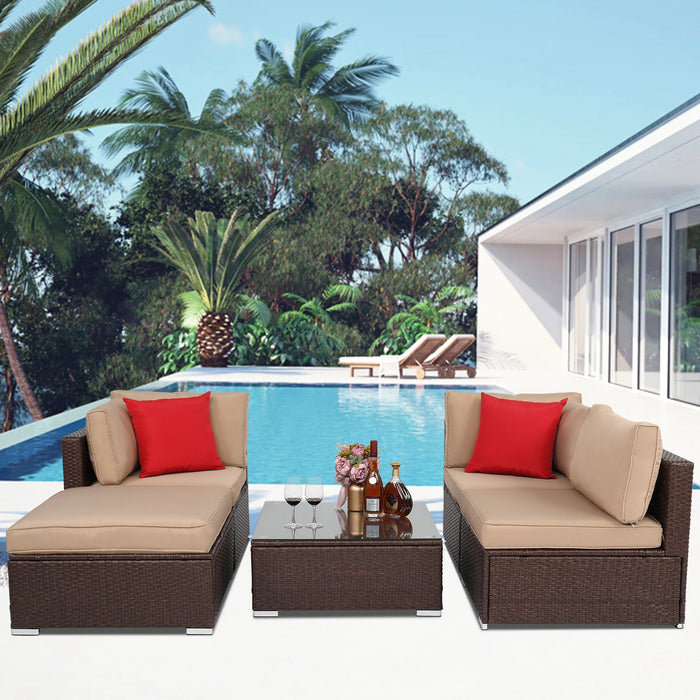 5Pcs Outdoor Patio Rattan Furniture Set 2 Corners 1 Armless Sofa 1 Foot Drag 1 Square Coffee Table Brown[US-Depot]