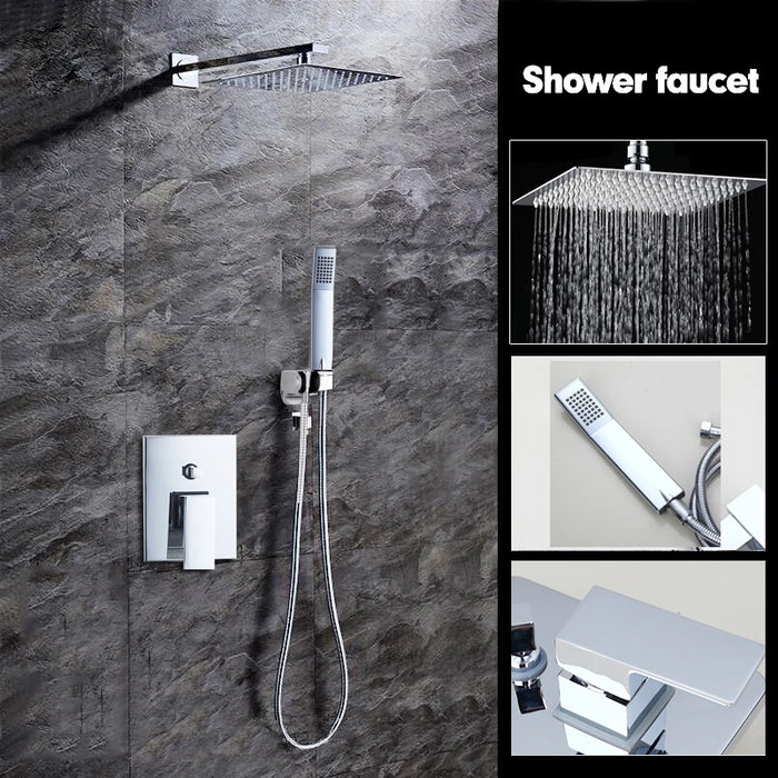 OUBONI 8 Inch Bathroom Shower Set Square Shower Head Wall Mounted Rainfall Bath Shower Faucet w/ Square Hand Shower Spout Set