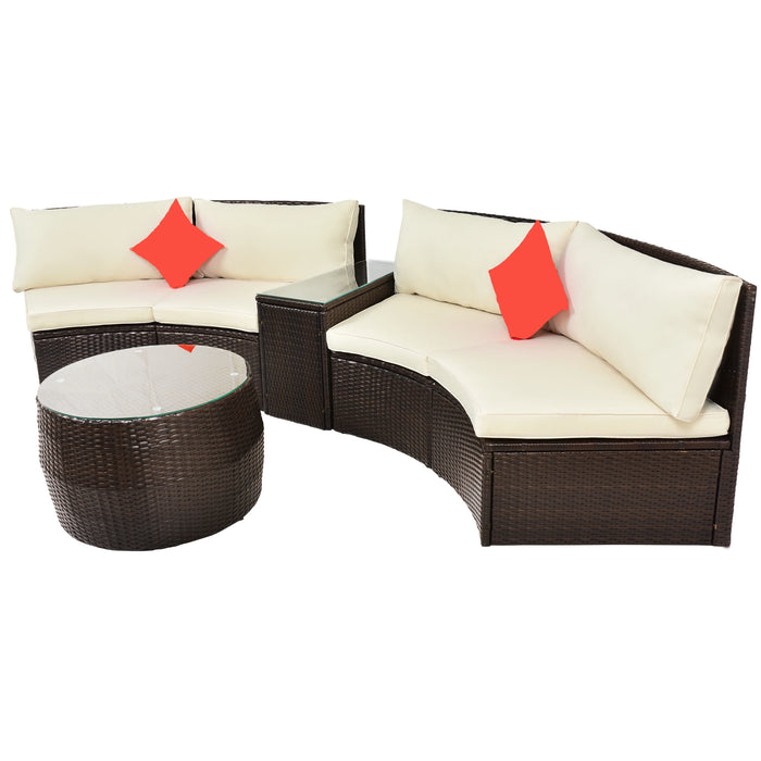 4-Piece Patio Furniture Set, Outdoor Half-Moon Sectional Furniture Wicker Sofa Set with Two Pillows and Coffee Table
