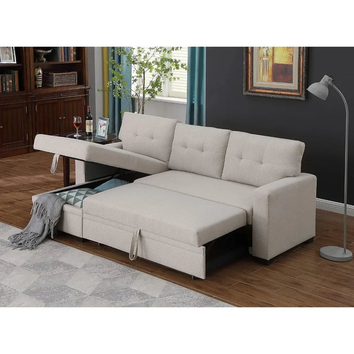 Living room sofa convertible modular with storage chaise longue and pull-out for living room,3-seater,linen upholstered sofa bed
