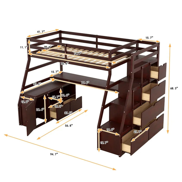 Twin Size Loft Bed with with 7 Drawers 2 Shelves and Desk Easy to assemble for indoor bedroom furniture