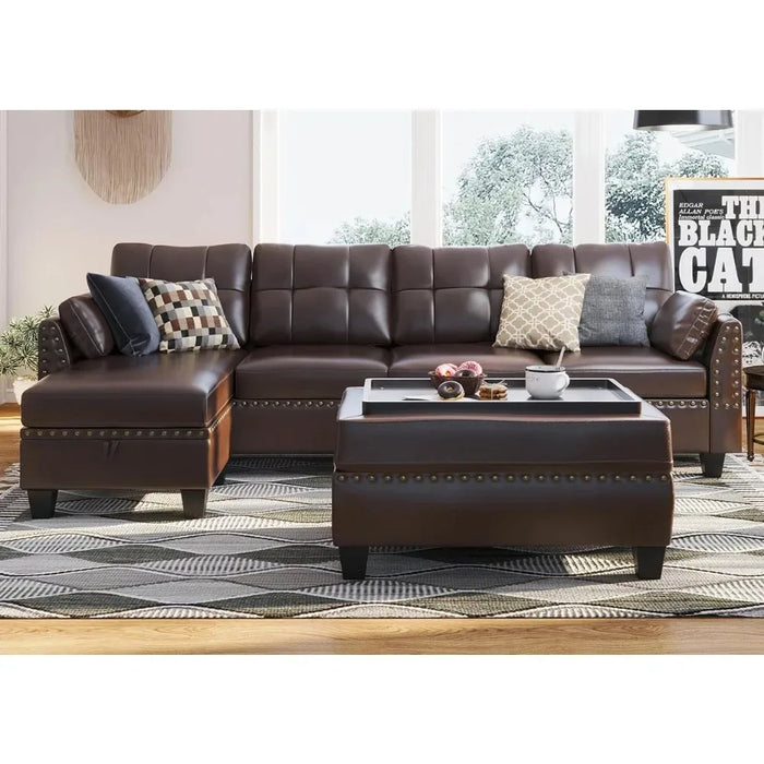 Brown Leather Sectional Sofa with Ottoman - Easy Assembly, Storage Space