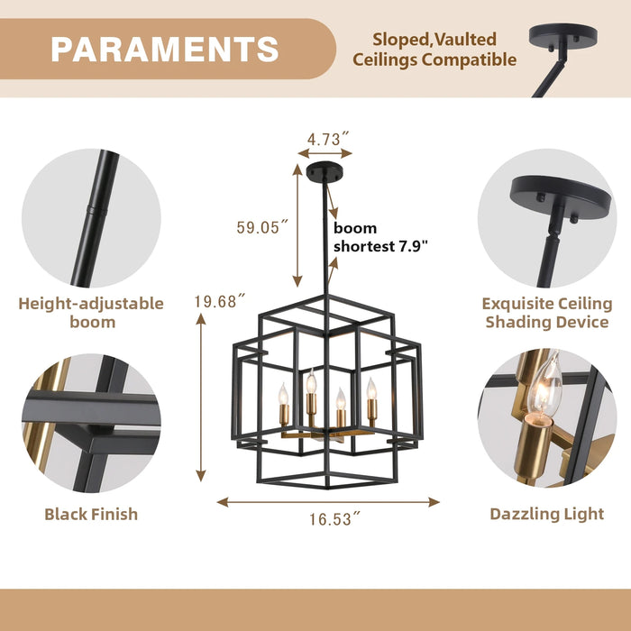 4-Lights Lantern American Style Pendant Lights Fixtures Industrial Farmhouse Hanging Chandelier for Living Room Island Kitchen