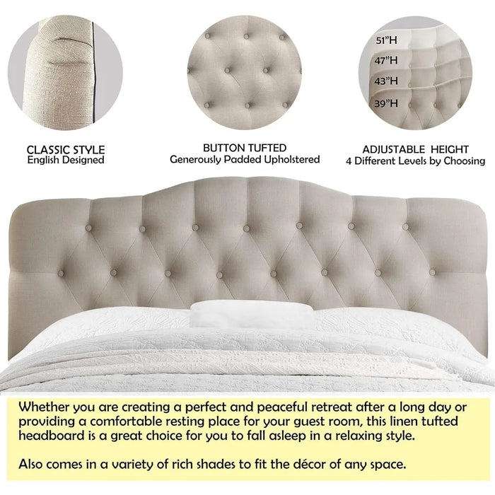 Givanna Adjustable Heigh Headboard With Linen Upholstery and Button Tufting for Bedroom Beige Recamera Furniture Twin Bed Heads