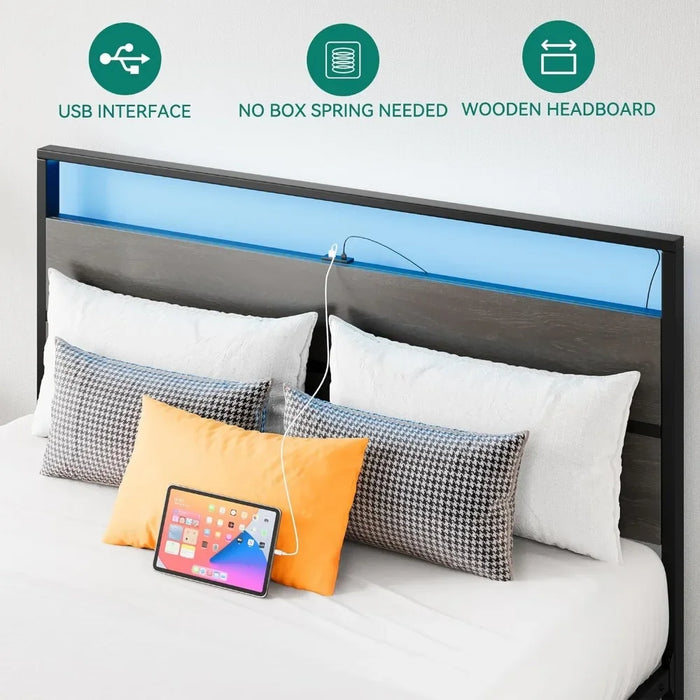 Queen size bed frame, LED with 2 USB ports, sturdy metal slats support, platform bed frame with storage gap under the bed