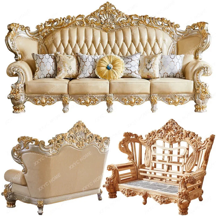 Sofa Leather Solid Wood High-End Villa Living Room Set Solid Wood Carved Large Apartment