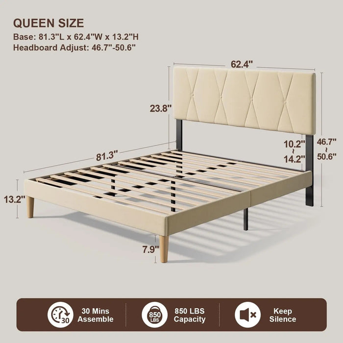 Gizoon Queen Bed Frame with Adjustable Velvet Headboard, Upholstered Platform Bed Frame with Sturdy Metal Frame