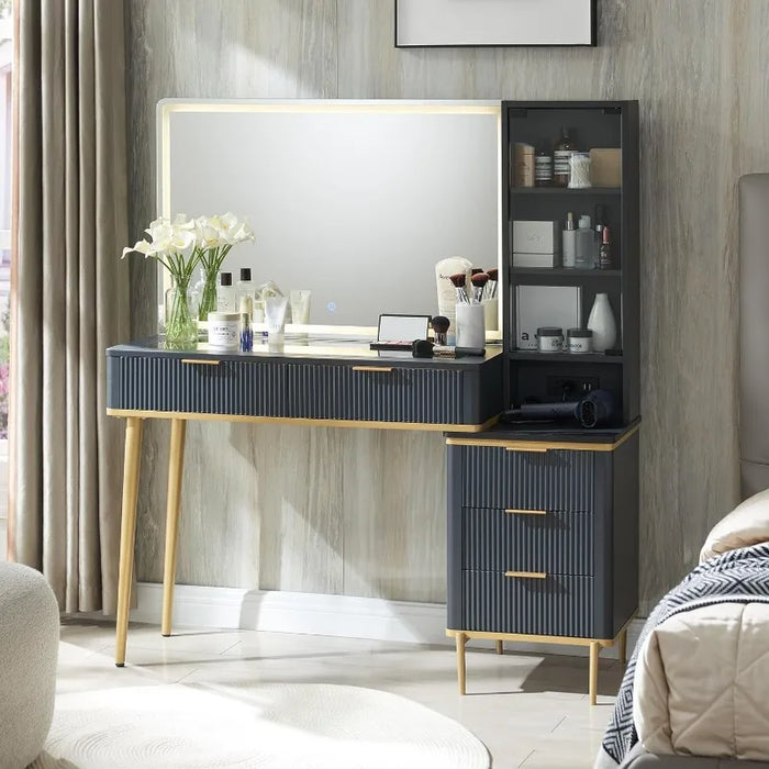 Makeup Vanity Desk with 36" HD Lighted Mirror, 48" Big Modern Vanity Desk with Mirror and Lights, Dressing Table with 5 Drawers