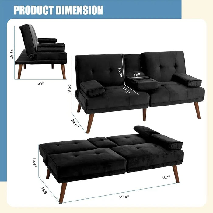 Shahoo Convertible Folding Futon Sofa Bed Sleeper Couch f, Metal Legs, 2 Cup Holders, Black
