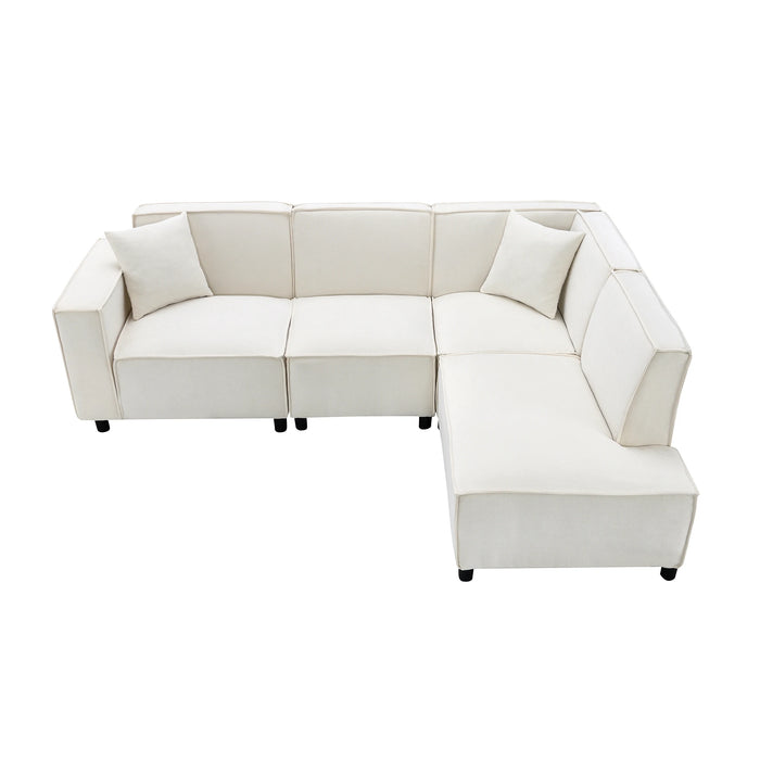 Modern Minimalist Style Sectional Sofa,L-shaped Couch Set with 2 Free Pillows,5-seat Chenille Fabric Couch with Chaise Lounge