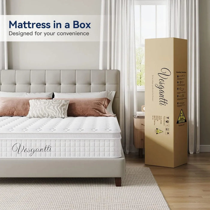 10 Inch Multi-layer Hybrid Queen Mattress, Ergonomic Design, with Memory Foam and Pocket Springs, Medium Firmness, White