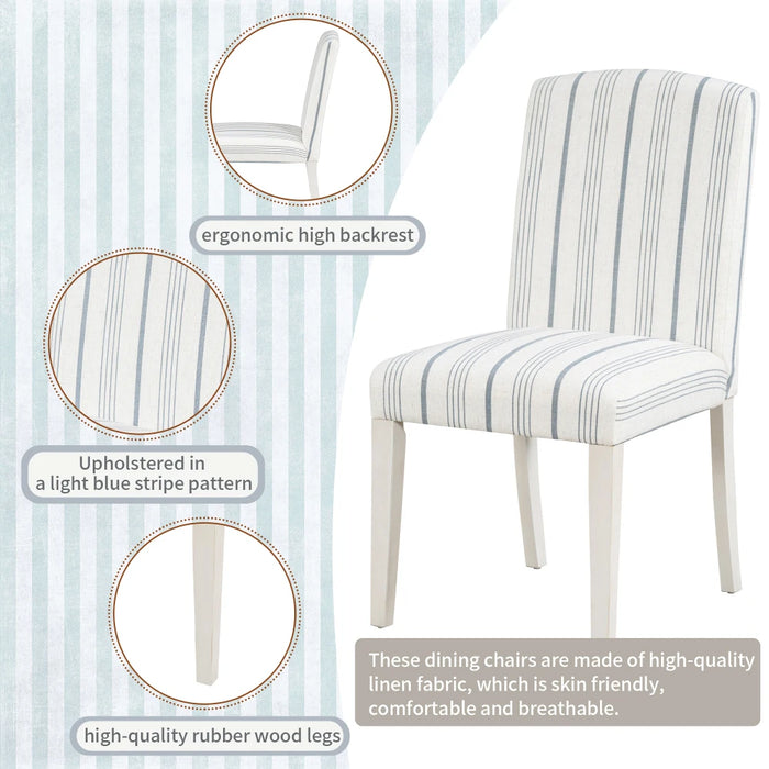5-Piece Dining Table Set, Round Table with Solid Wood legs and 4 Upholstered Chairs with Striped Fabric for Dining Room (White)