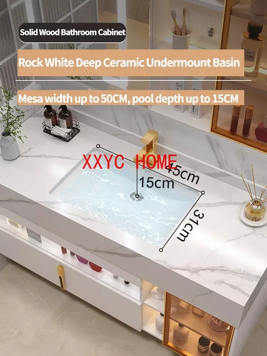 New Light Luxury Slate Bathroom Cabinet Intelligent Induction Double Washbasin Full Sets Solid Wood Furniture Custom Wash Table