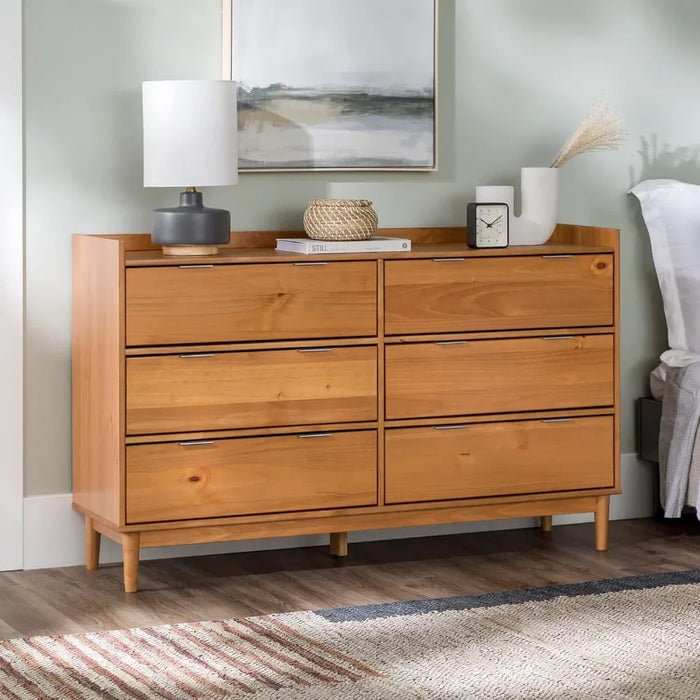 Modern Solid Wood 6-Drawer Dresser with Gallery-Top, 55 Inch, Caramel, dresser  tocadores para el dormitorio , makeup table